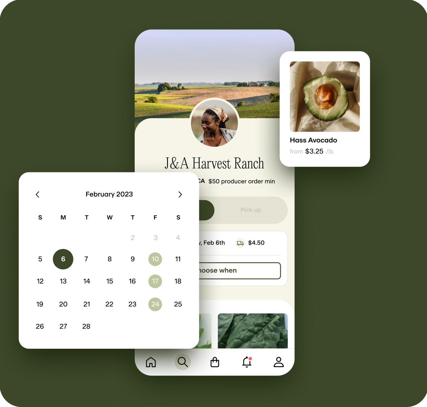 Mobile application with calendar and product cards to sell online